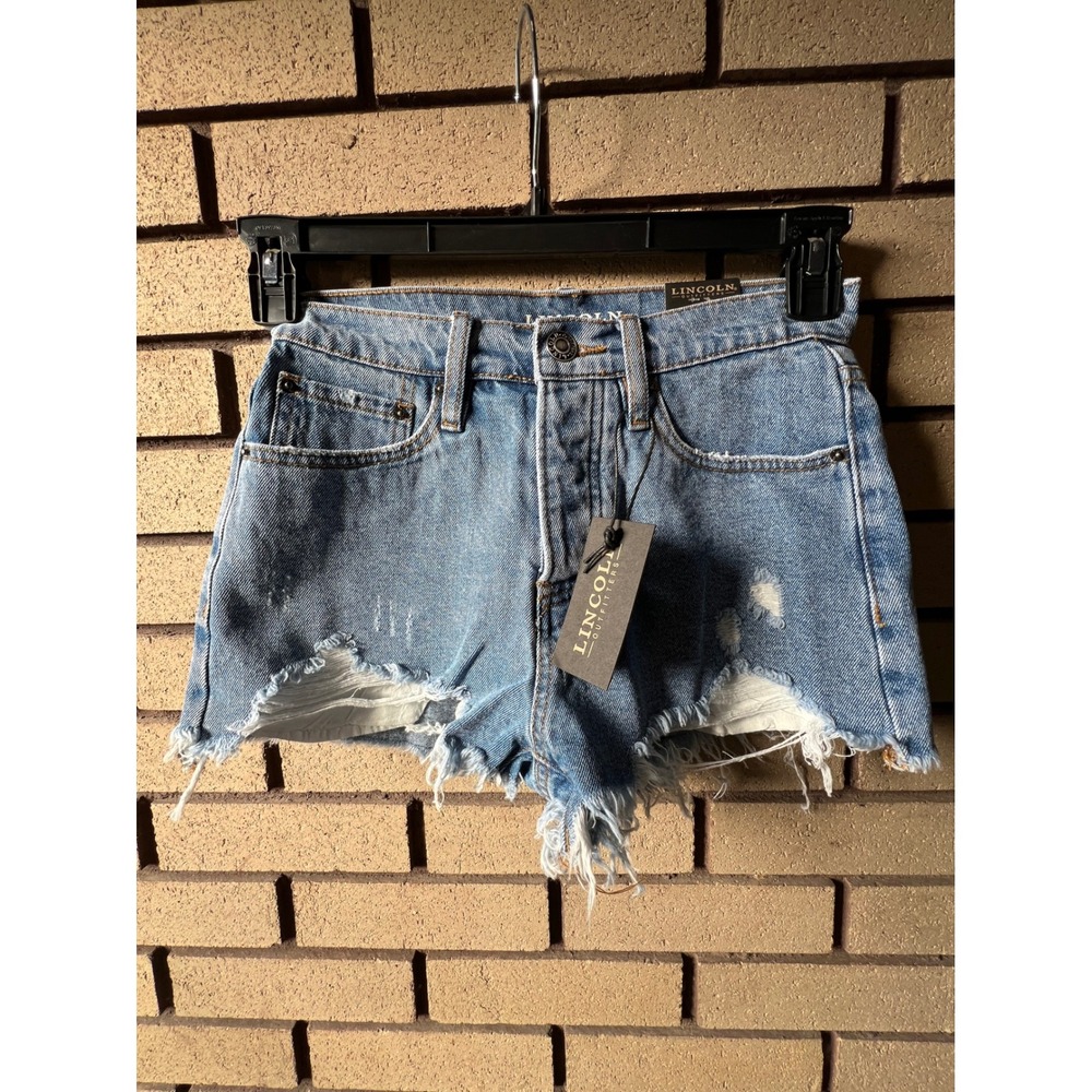 LINCOLN OUTFITTERS Size4 Blue Denim High Rise Distressed Jean Shorts Button Fly